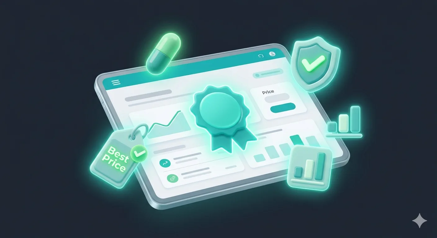 3D rendered illustration: a glossy 3D tablet floating at a slight angle, screen glowing with a simplified pharmacy dashboard and a prominent 'Best Price' teal badge. Around it float small 3D icons: pill capsule, price tag with down arrow, checkmark shield, bar chart. Teal/cyan volumetric glow on elements. Dark slate background (to match a dark section). Smooth rounded shapes, realistic soft shadows, premium futuristic feel. Consistent Pixar-like 3D render quality. No text.