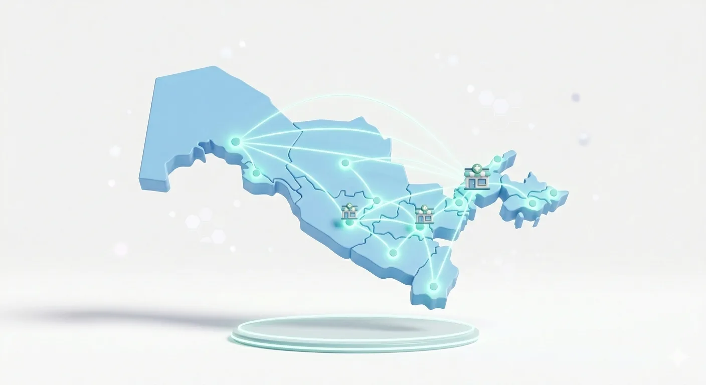 3D rendered illustration: stylized 3D map of Uzbekistan in soft sky blue, slightly raised/extruded, with 13 glowing pin dots at regional capitals connected by thin light beams. Small 3D pharmacy building icons at some dots. Floating above a subtle circular platform. Volumetric lighting, realistic soft shadows. Clean white background. Consistent Pixar-like 3D render quality. No text.