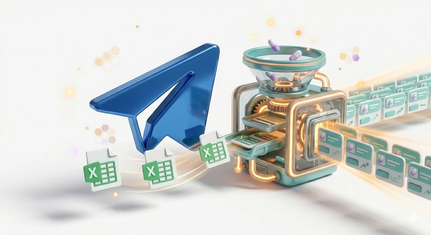 3D rendered illustration: a glossy 3D Telegram paper airplane icon in blue, with 3D Excel/spreadsheet file icons flowing from it into a stylized processing funnel/pipeline machine. Clean organized 3D data cards with medicine icons emerge from the other end. Amber/warm accent colors, volumetric lighting, realistic soft shadows. Clean white background. Consistent Pixar-like 3D render quality. No text.
