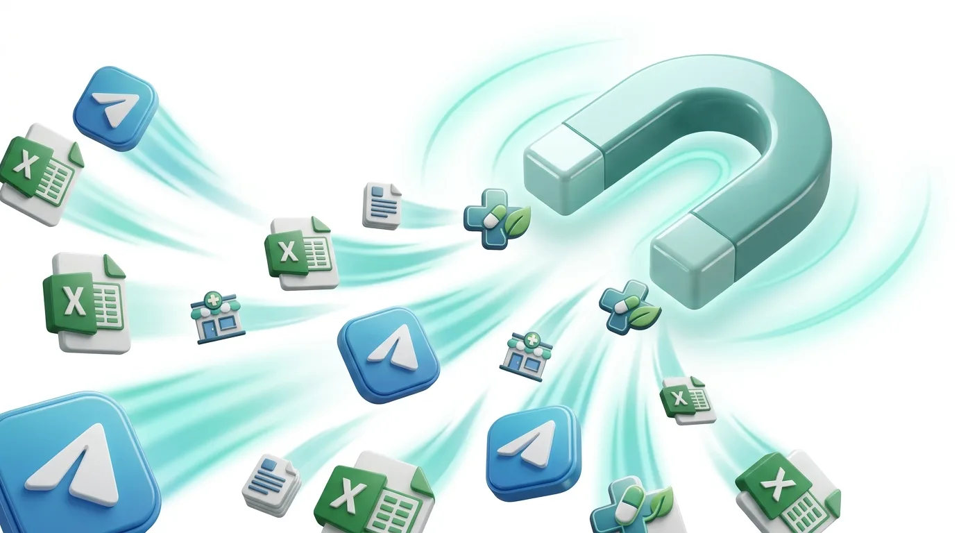 3D rendered illustration: a glossy 3D magnet or funnel attracting multiple floating 3D Telegram channel icons and Excel file icons. Small 3D pharmacy building logos and document icons flowing inward with motion trails. Soft teal colors, volumetric lighting, realistic soft shadows. Clean white background. Consistent Pixar-like 3D render quality. No text.