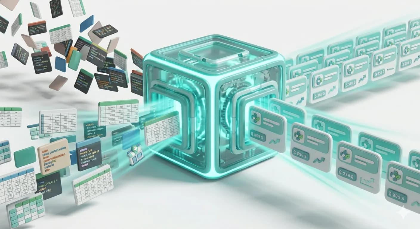 3D rendered illustration: raw scattered 3D data blocks and spreadsheet cells entering a glowing futuristic processing cube/machine from one side, coming out the other side as clean organized 3D medicine cards with price tags, small trend arrows, and vendor badge icons. Teal/cyan glow, volumetric lighting, realistic soft shadows. Clean white background. Consistent Pixar-like 3D render quality. No text.